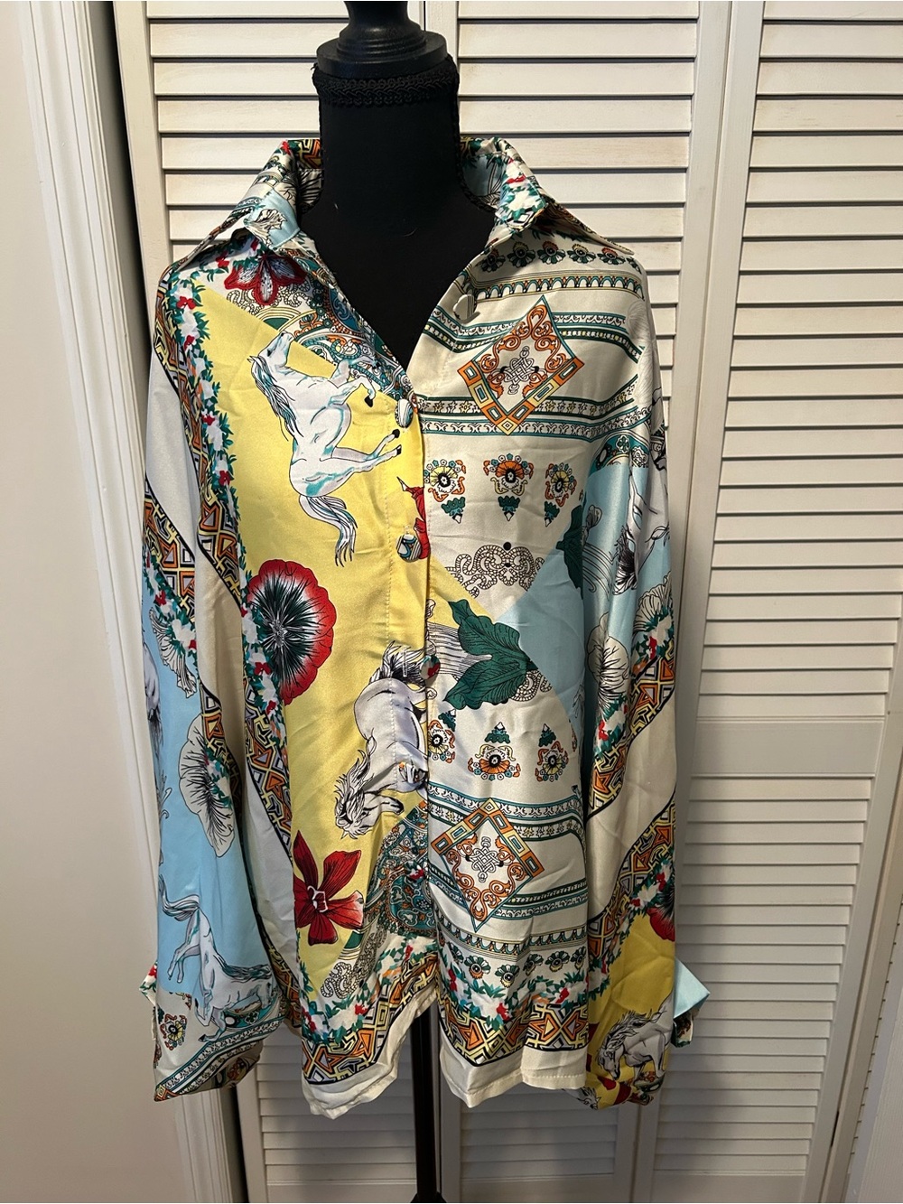 Beulah Multicolor Horse & Floral Patchwork Button-Up Blouse